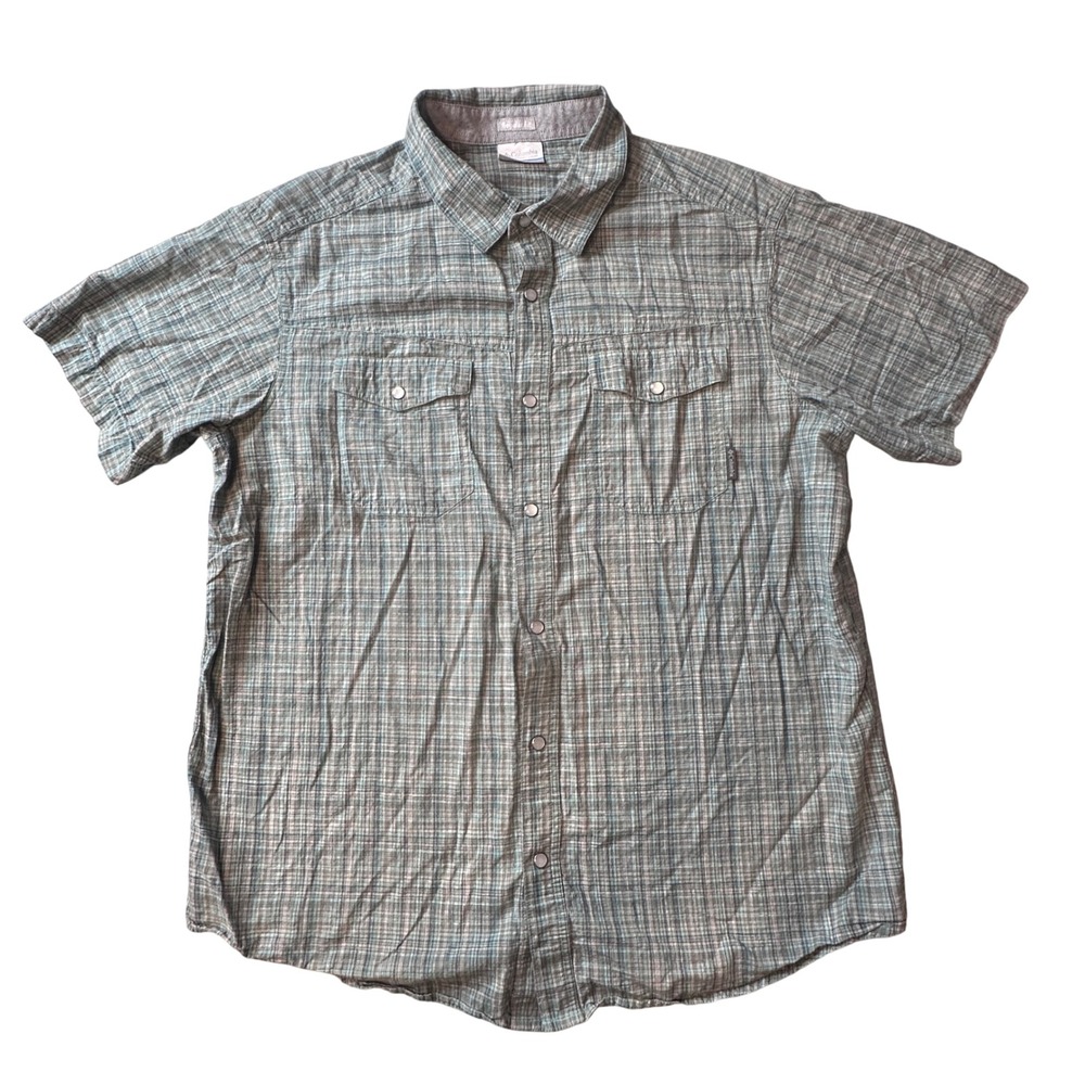 Columbia Shirt Mens L Green Plaid Regular Fit Short Sleeve Snap Front Outdoor